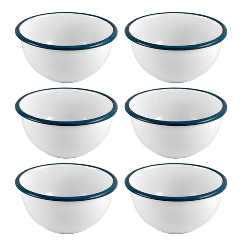 6x Urban Style Enamelware 14cm/750ml Bowl w/ Blue Rim - White