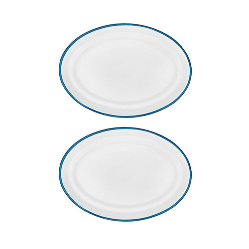 2x Urban Style Enamelware 36cm Oval Tray w/ Blue Rim - White