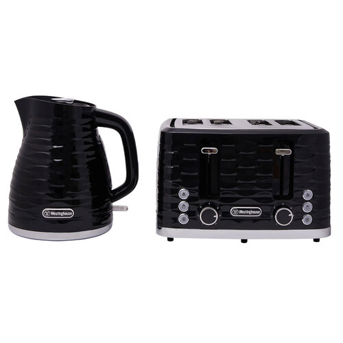 Westinghouse 1.7L Kettle & 4 Slice Toaster Pack Black/Silver Wave Pattern