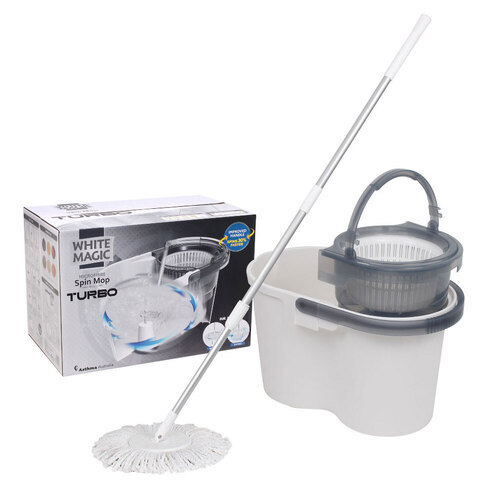 White Magic Hand Press Turbo Microfibre Spin Mop w/ Bucket