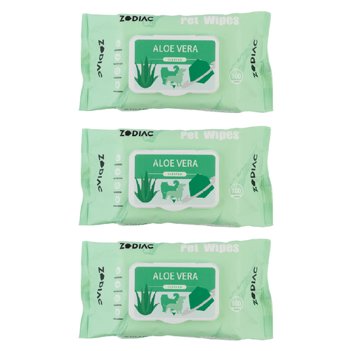 3x 100pc Zodiac Aloe Vera Dog/Cat Pet Grooming/Cleaning Wipes